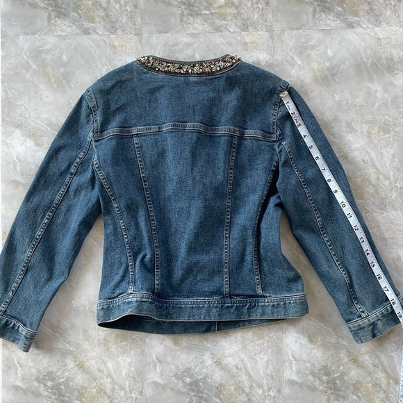 Tahari Embellished Bead Sequin Neckline Denim Jacket - Picture 5 of 8